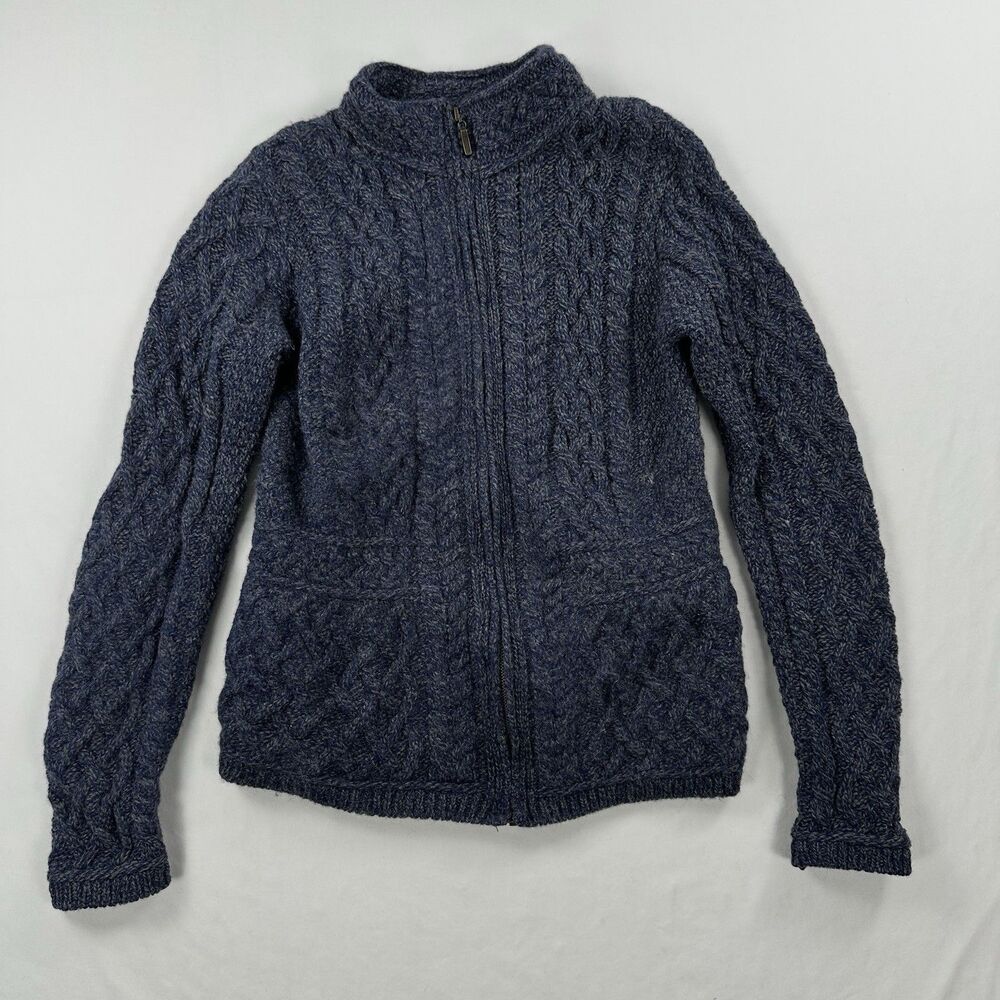 Inis Crafts Merino Wool Cable Knit Cardigan Sweater Full Zip Small Blue READ